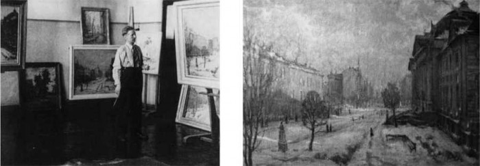 Miervaldis Ķemers ar diviem sava diplomdarba variantiem, 1947. Pa labi: Vilhelms Purvītis