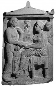 Bērni un dzimtas locekļi sēro par mirušo māti. Marmora kapu stēla. Atēnas, IV gs. beigas p.m.ē. Luvras muzejs, Parīze